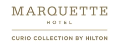 Logo for Marquette Hotel, part of the Curio Collection by Hilton. logo on footer section.