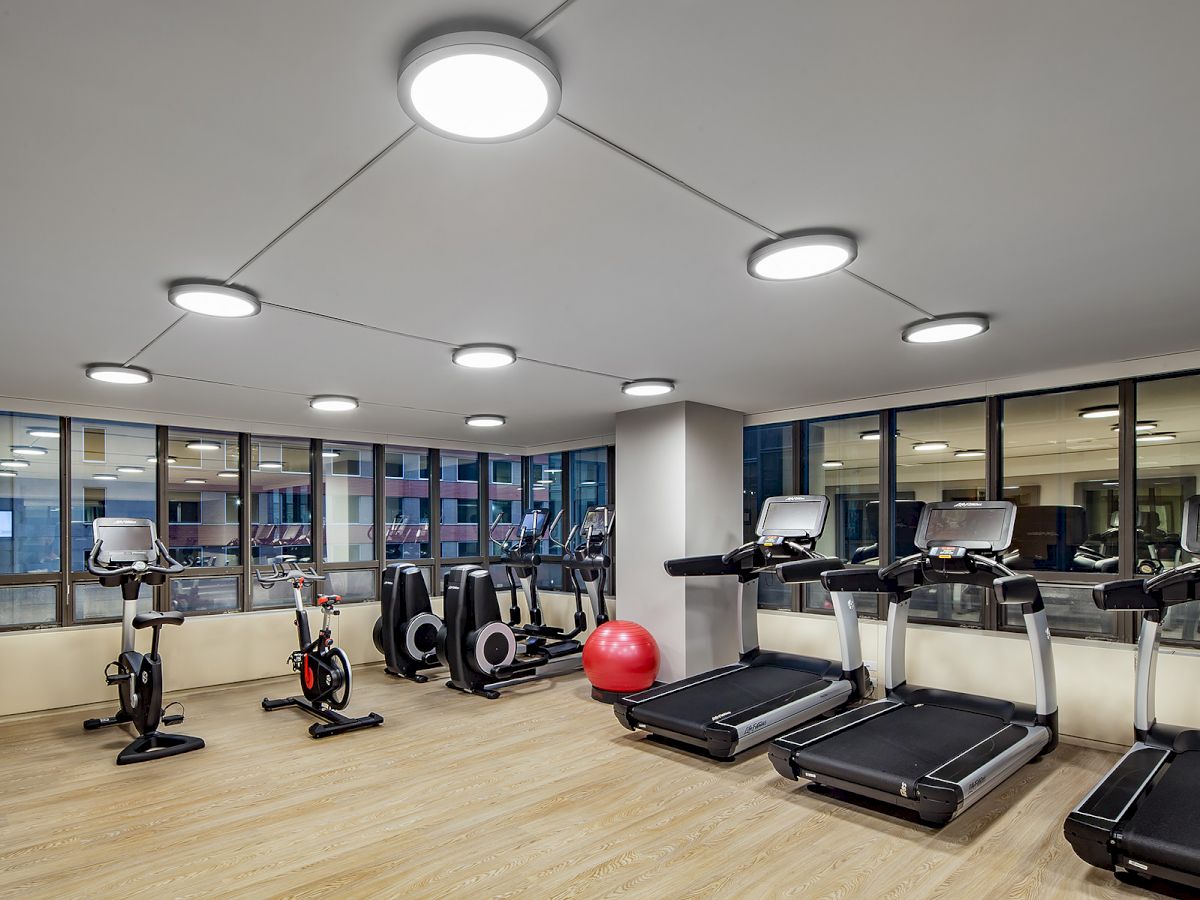 A modern gym room with treadmills, stationary bikes, rowing machines, and a red exercise ball. The room has large windows and bright lighting.