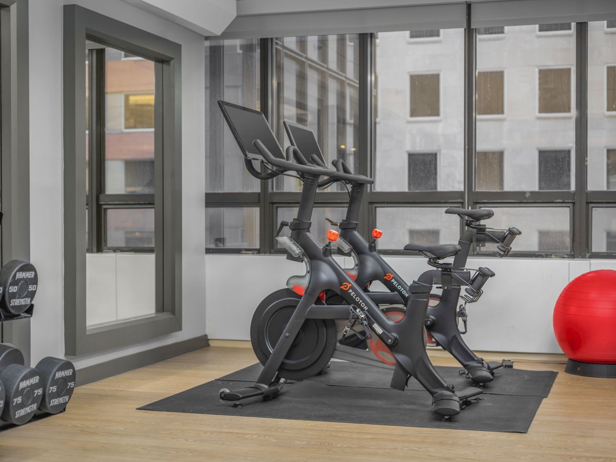 The image shows an exercise room with stationary bikes, dumbbells, and a red exercise ball near large windows overlooking a cityscape.