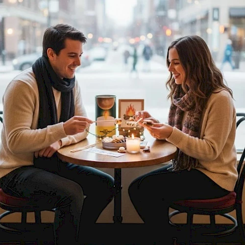 A couple is enjoying a cozy cafe date, clinking coffee cups over a small round table with candles and warm lighting.