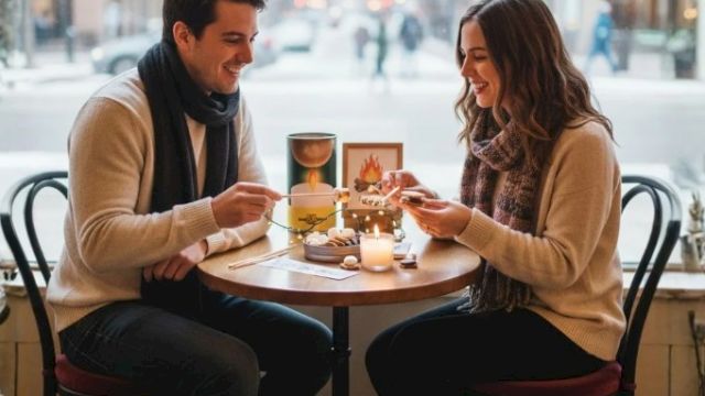 A couple is enjoying a cozy cafe date, clinking coffee cups over a small round table with candles and warm lighting.