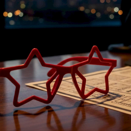 Two star-shaped red glasses sit on a wooden table near a card layout, with a blurred night cityscape and a glass of drink in the background.