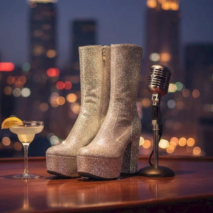 A pair of glittery high-heeled boots, a vintage microphone, and a cocktail glass on a bar counter with a city skyline blurred in the background.
