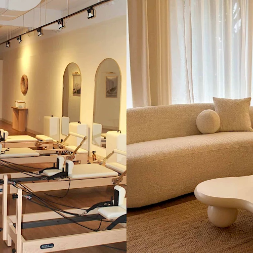 A Pilates studio with reformers and equipment on the left, and a cozy living room with a white sofa and round coffee table on the right.