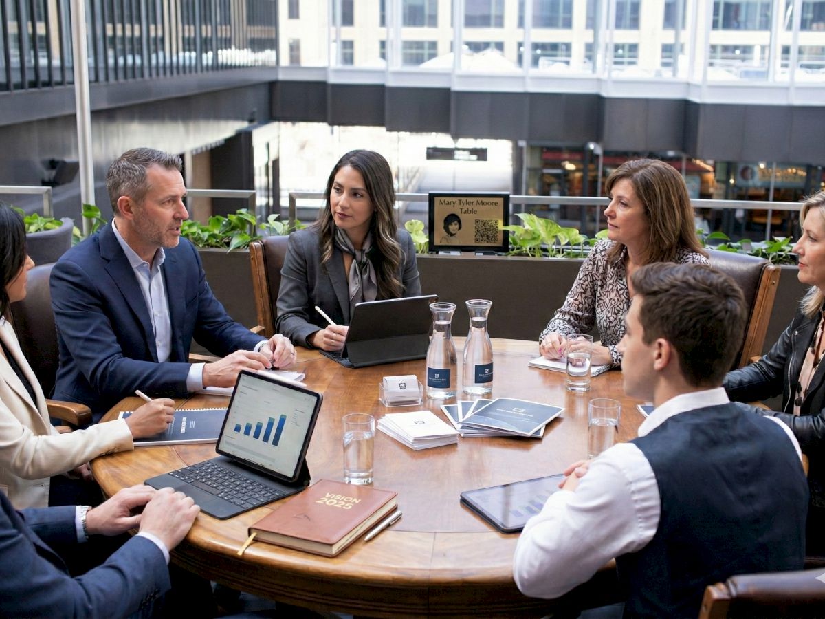 A diverse group of six professionals sits around a round table in a modern office, brainstorming with laptops and papers.