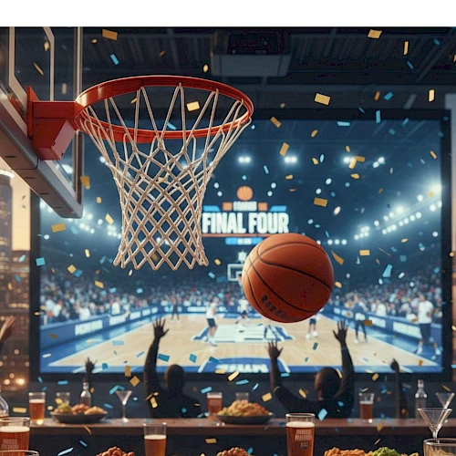 A basketball hoop on a city outdoor screen, cheering crowd, confetti, and a glowing court behind the net, as players celebrate a final shot.