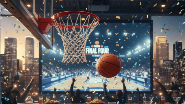 A basketball hoop on a city outdoor screen, cheering crowd, confetti, and a glowing court behind the net, as players celebrate a final shot.