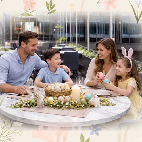 A family scene: parents with two children enjoy a sunny outdoor Easter meal at a round table, decorated with eggs and flowers, smiling together.