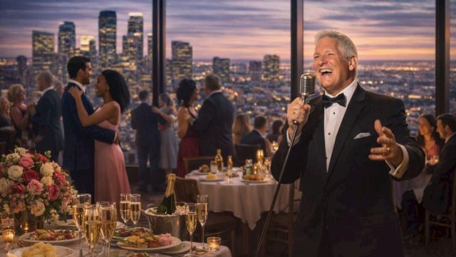 A well-dressed singer performs with a mic at a romantic rooftop party; guests toast and dine by candlelight with city skyline sunset.