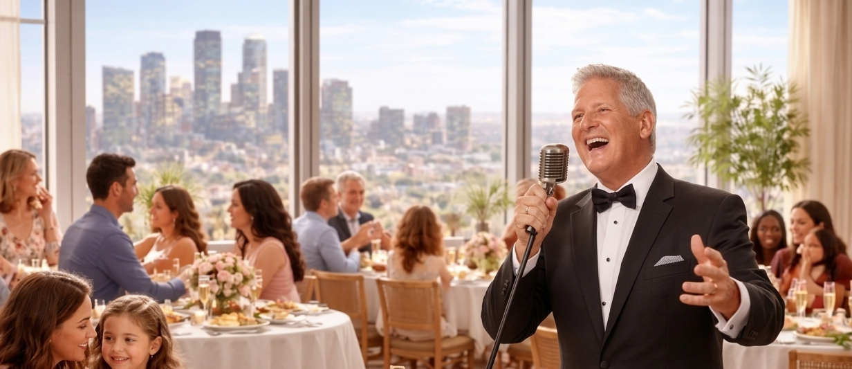 A joyful singer in a tuxedo performs at a bustling banquet with couples dining, festive floral centerpieces, and a city skyline backdrop.