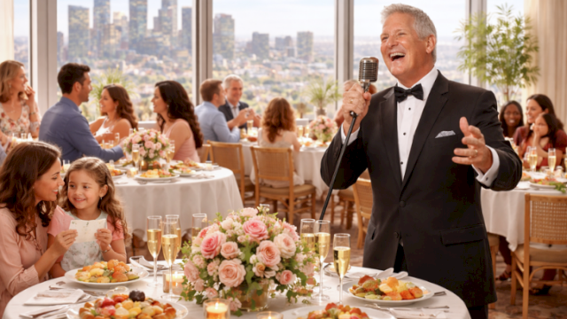 A well-dressed ma&icirc;tre d/host entertaining at a wedding reception with guests, flowers, and city skyline views in the background.