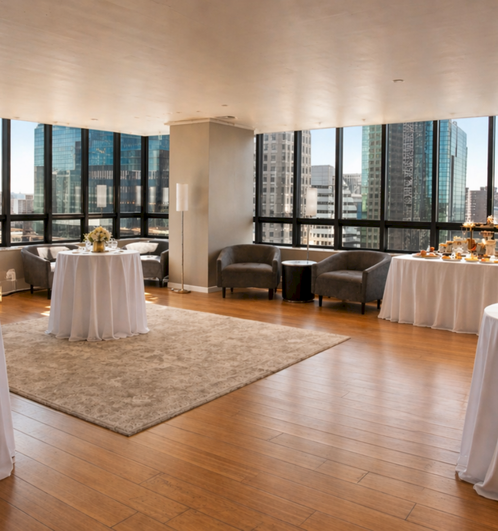 A bright city-view event space with round tables in white linens, elegant floral centerpieces, and a cozy seating area along large windows.