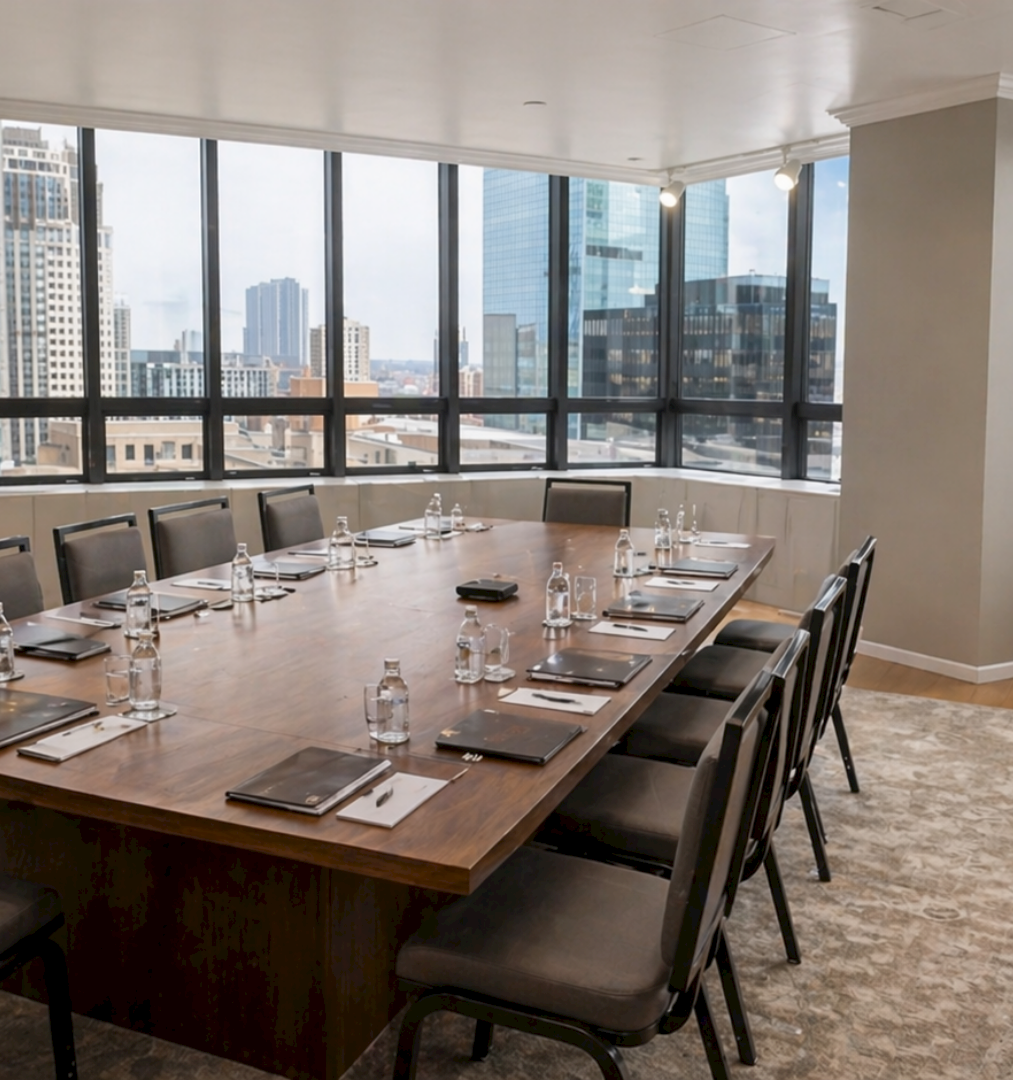 A long conference table with ten chairs, water bottles, glasses, and notepads set in a bright, windowed city office meeting room.