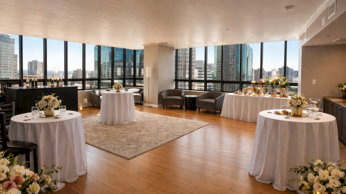 Elegant event space with round tables in white linen, floral centerpieces, and a rug on wood floors, overlooking city skyline through large windows.
