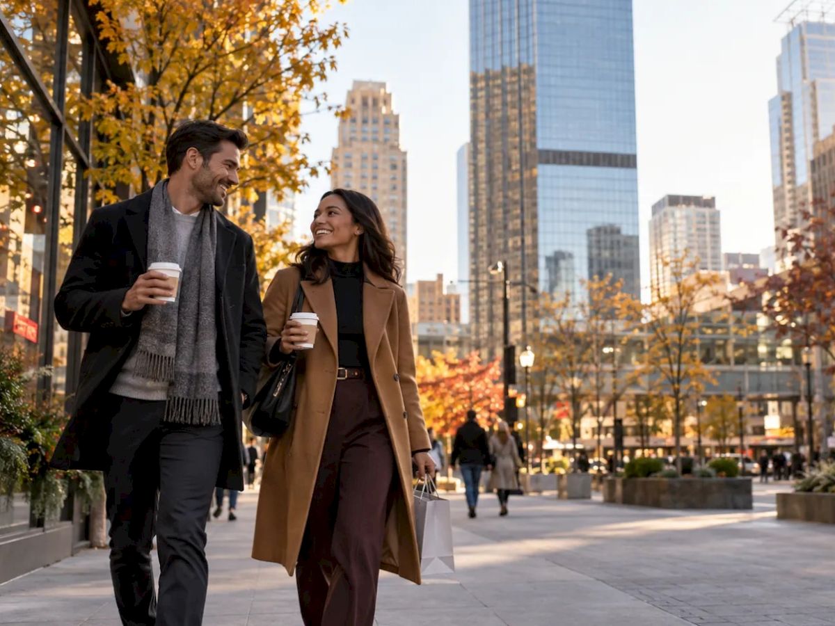 A smiling couple strolls downtown in autumn, holding coffee cups and shopping bags as skyscrapers glow in the background.