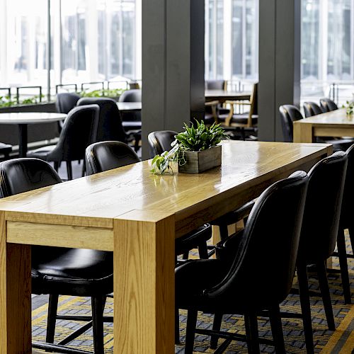 The image shows a modern dining area with long wooden tables, black chairs, and small potted plants as centerpieces, situated near large windows.