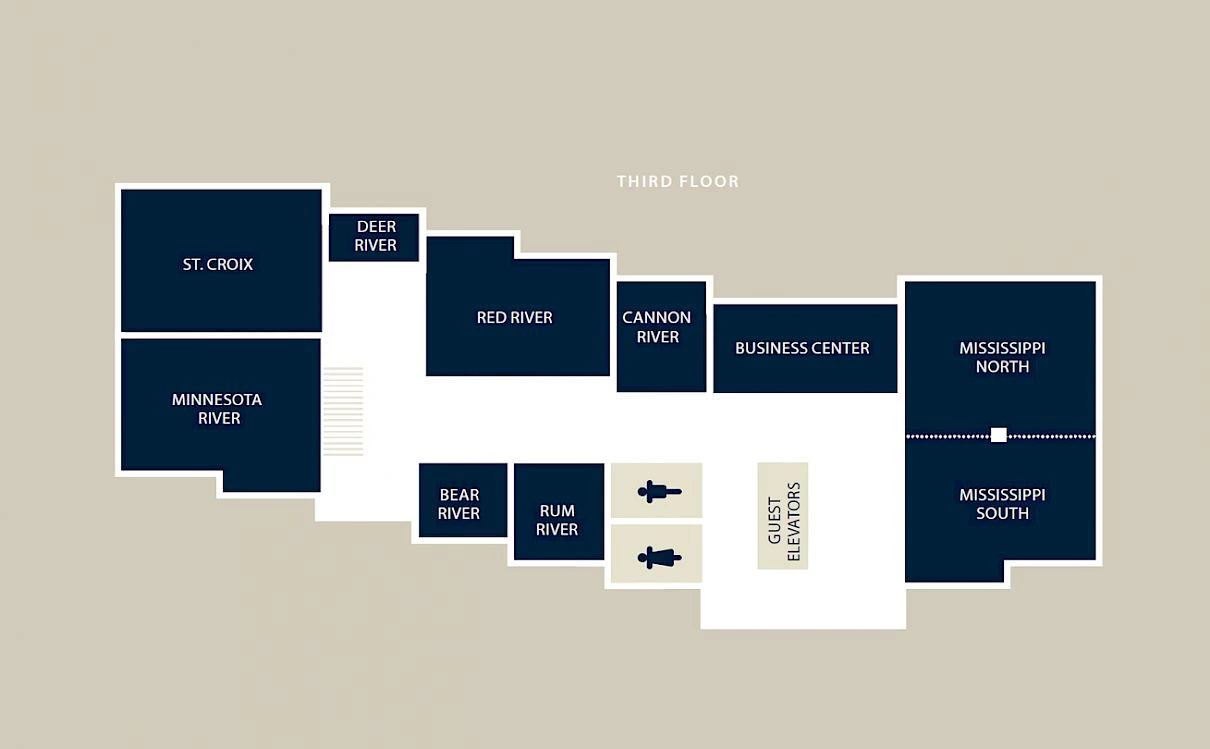 This is a floor plan of the third floor, featuring rooms named after rivers, a business center, and guest elevators.