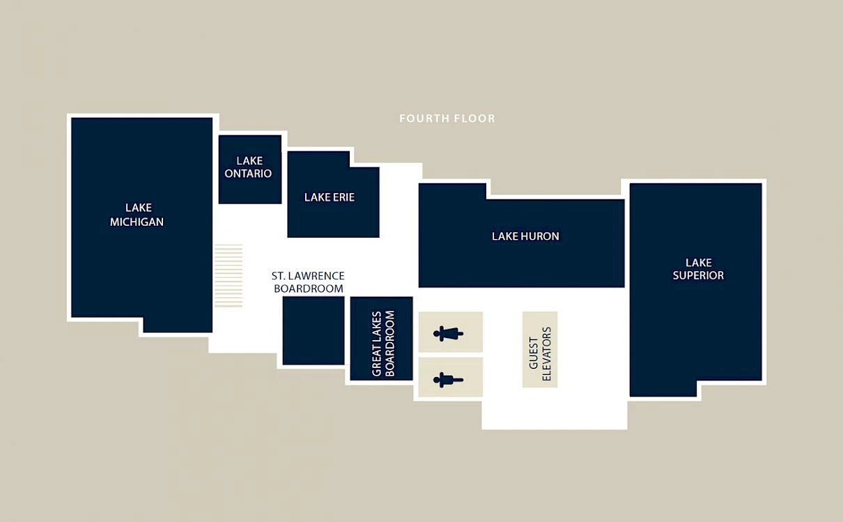 This image shows a floor plan labeled "Fourth Floor" with room names including Lake Michigan, Lake Ontario, Lake Erie, Lake Huron, and Lake Superior.