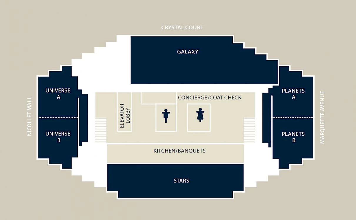 This image is a floor plan layout for an event space featuring sections: Galaxy, Universe A/B, Planets A/B, Stars, concierge, and coat check ending the sentence.