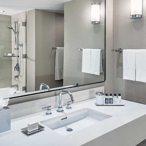 A modern bathroom with a large mirror, sink, faucet, and toiletries. Shower area with glass door is visible. Towels are hung on the wall.