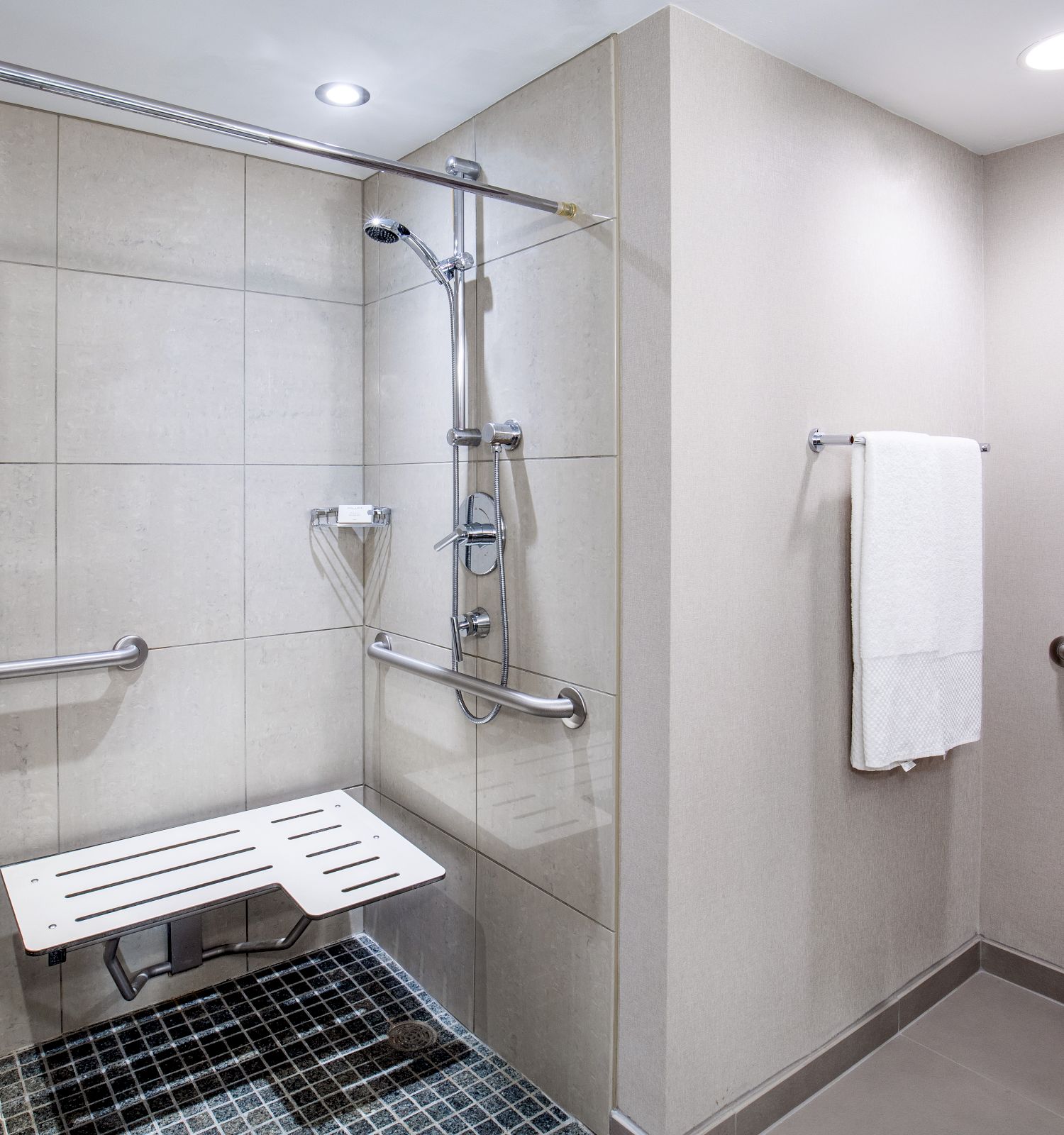 The image shows an accessible shower with a foldable seat, grab bars, a handheld showerhead, a towel rack with a towel, and a framed picture on the wall.